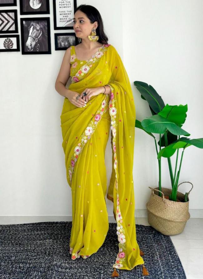 Faux Georgette Yellow Festival Wear Sequins Work Saree